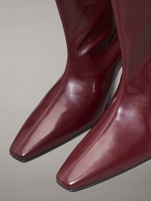 oxblood leather square toe heeled boots for women calvin klein