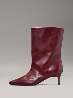 oxblood leather square toe heeled boots for women calvin klein