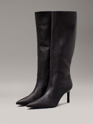 ck black leather heeled knee boots for women calvin klein