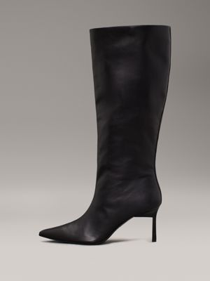 ck black leather heeled knee boots for women calvin klein