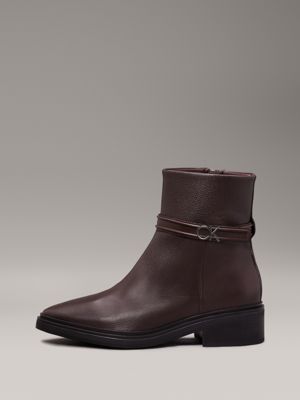 dark brown leather heeled ankle boots for women calvin klein