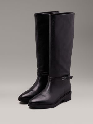 ck black leather heeled knee boots for women calvin klein