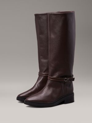 dark brown leather heeled knee boots for women calvin klein