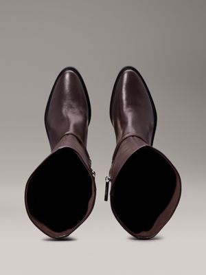 stivali al ginocchio in pelle con tacco dark brown da donne calvin klein