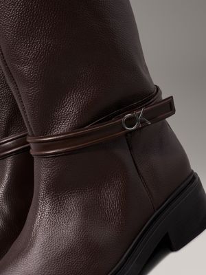 dark brown leather heeled knee boots for women calvin klein