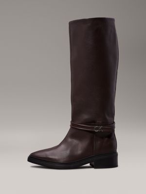 stivali al ginocchio in pelle con tacco dark brown da donne calvin klein