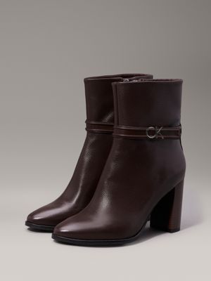 dark brown leather heeled ankle boots for women calvin klein