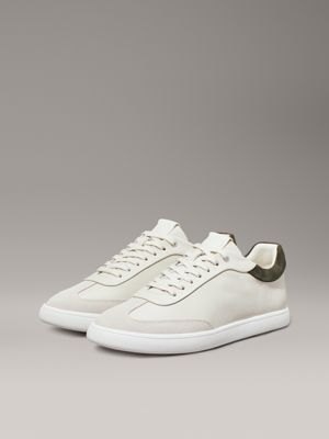 dk ecru/dark green leather trainers for women calvin klein