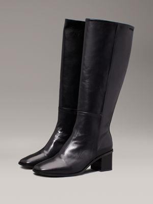 ck black leather square toe knee boots for women calvin klein