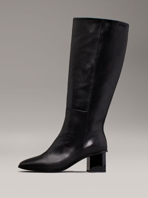 ck black leather square toe knee boots for women calvin klein