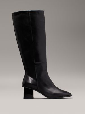 black leather square toe knee boots for women calvin klein