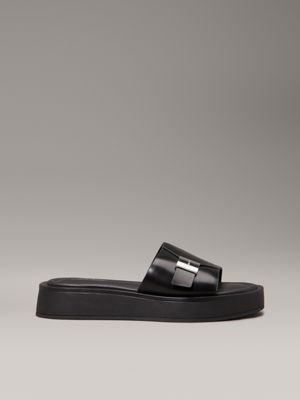 black leather platform sliders for women calvin klein