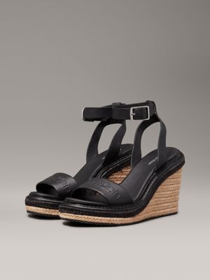 ck black leather espadrille wedge sandals for women calvin klein