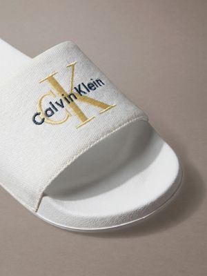 bright white/anise flower konturierte logo-slippers aus canvas für damen - calvin klein