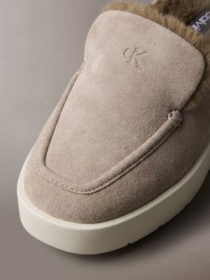 desert taupe/marshmallow suede and faux fur platform mules for women calvin klein