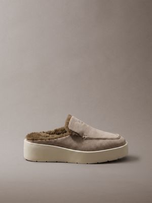 beige suede and faux fur platform mules for women calvin klein