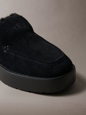 triple black suede and faux fur platform mules for women calvin klein