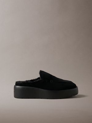 black suede and faux fur platform mules for women calvin klein