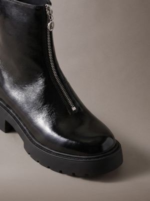 triple black ck bold - shine leather zip ankle boots for women calvin klein