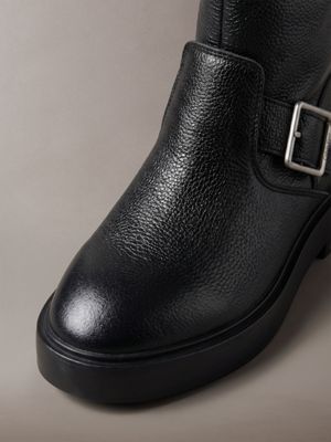 triple black leather stacked heel biker boots for women calvin klein
