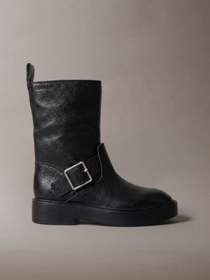 black leather stacked heel biker boots for women calvin klein