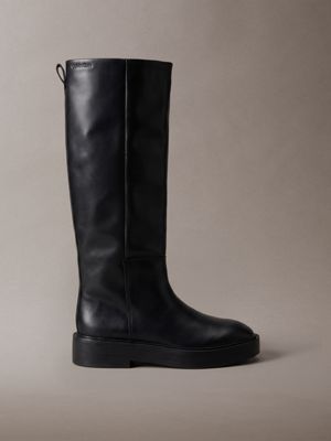 black leather stacked heel knee-high boots for women calvin klein