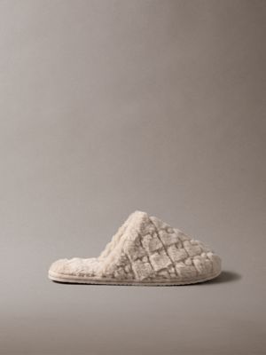 beige faux fur logo slippers for women calvin klein
