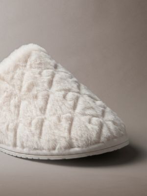 off white faux fur logo slippers for women calvin klein