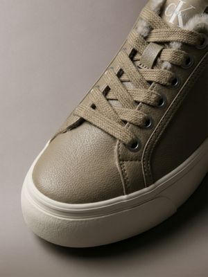 desert taupe/dk ecru leather signature platform trainers for women calvin klein