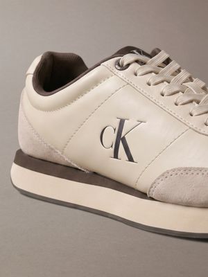 light cashew/rocky brown leather signature logo runner trainers for women calvin klein