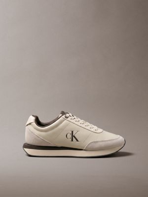 beige leather signature logo runner trainers for women calvin klein
