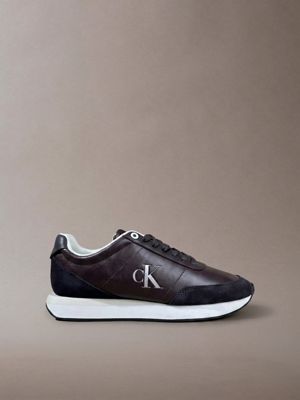 black leather signature logo runner trainers for women calvin klein
