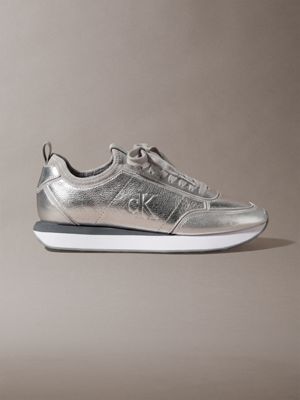grey metallic leather runner trainers for women calvin klein