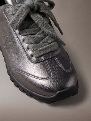 gun metal/granite grey high-shine low-profile runner trainers for women calvin klein