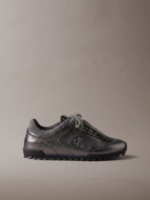 grey high-shine low-profile runner trainers for women calvin klein