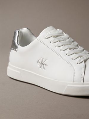 bright white/silver leather signature logo trainers for women calvin klein