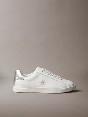 white leather signature logo trainers for women calvin klein