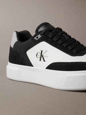 black/mockingbird/bright white suede and leather signature trainers for women calvin klein