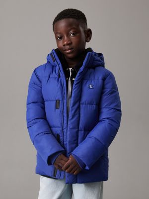 blue hooded puffer jacket for boys calvin klein jeans