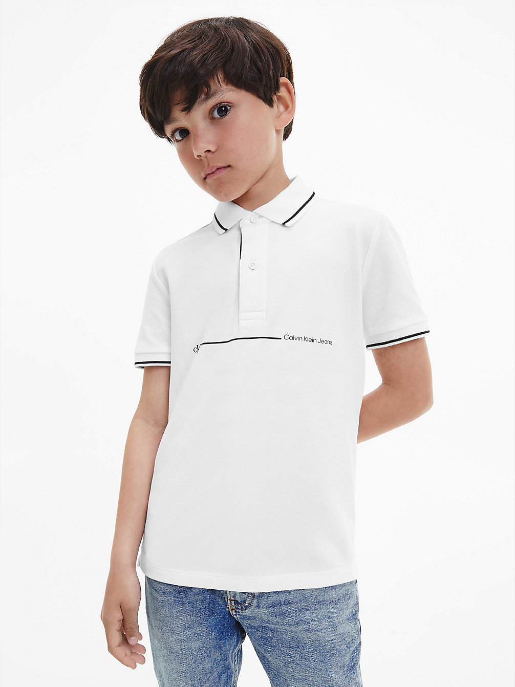 BRIGHT WHITE Logo Stripe Polo Shirt undefined boys Calvin Klein