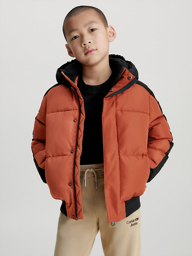 brown boxy colourblock puffer jacket for boys calvin klein jeans