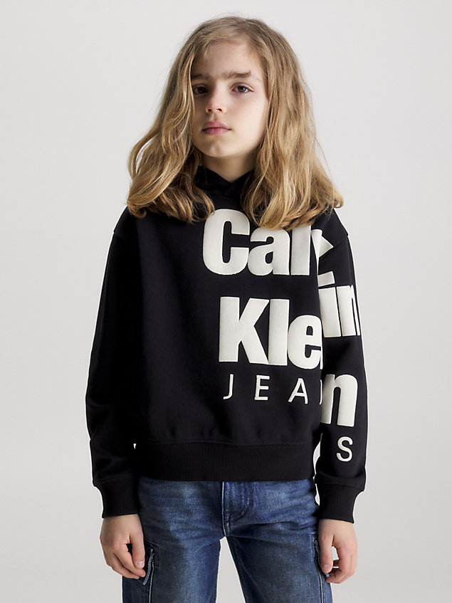 black swobodna polarowa bluza z kapturem i logo dla boys - calvin klein jeans