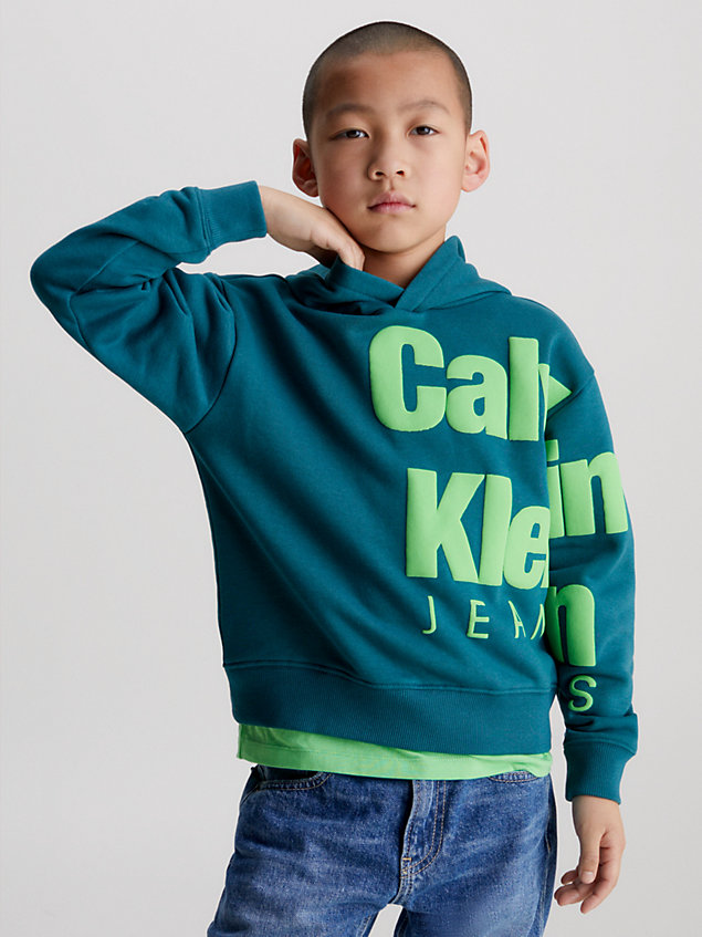 blue relaxte fleece hoodie met logo voor boys - calvin klein jeans