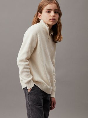 white relaxed zip neck jumper for boys calvin klein jeans