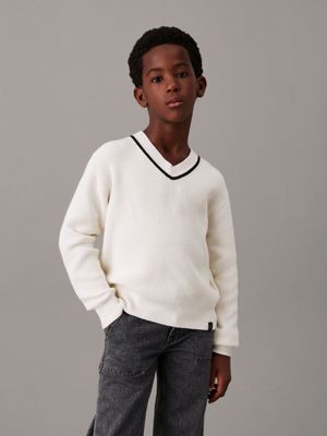 white relaxed v-neck jumper for boys calvin klein jeans