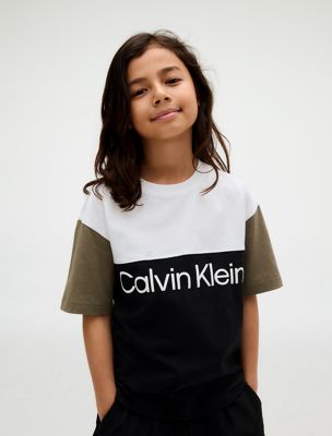 ck black/ dusty olive/ white colourblock logo t-shirt for boys calvin klein jeans