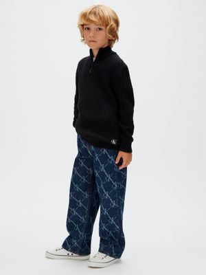 black pullover mit zopfstrickmuster und halblangem reißverschluss für kinder für jungen - calvin klein jeans