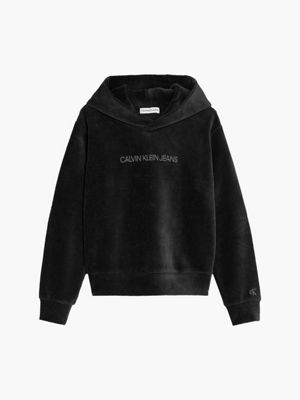 CK BLACK Boxy Ribbed Velour Hoodie for girls CALVIN KLEIN JEANS