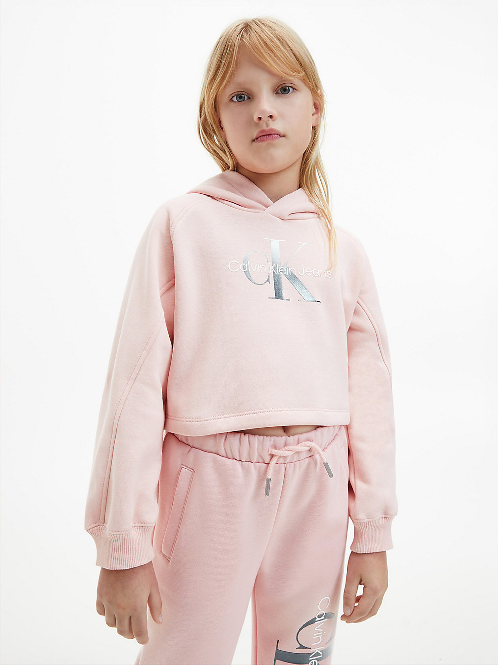 PINK BLUSH Recycled Polyester Cropped Hoodie undefined girls Calvin Klein