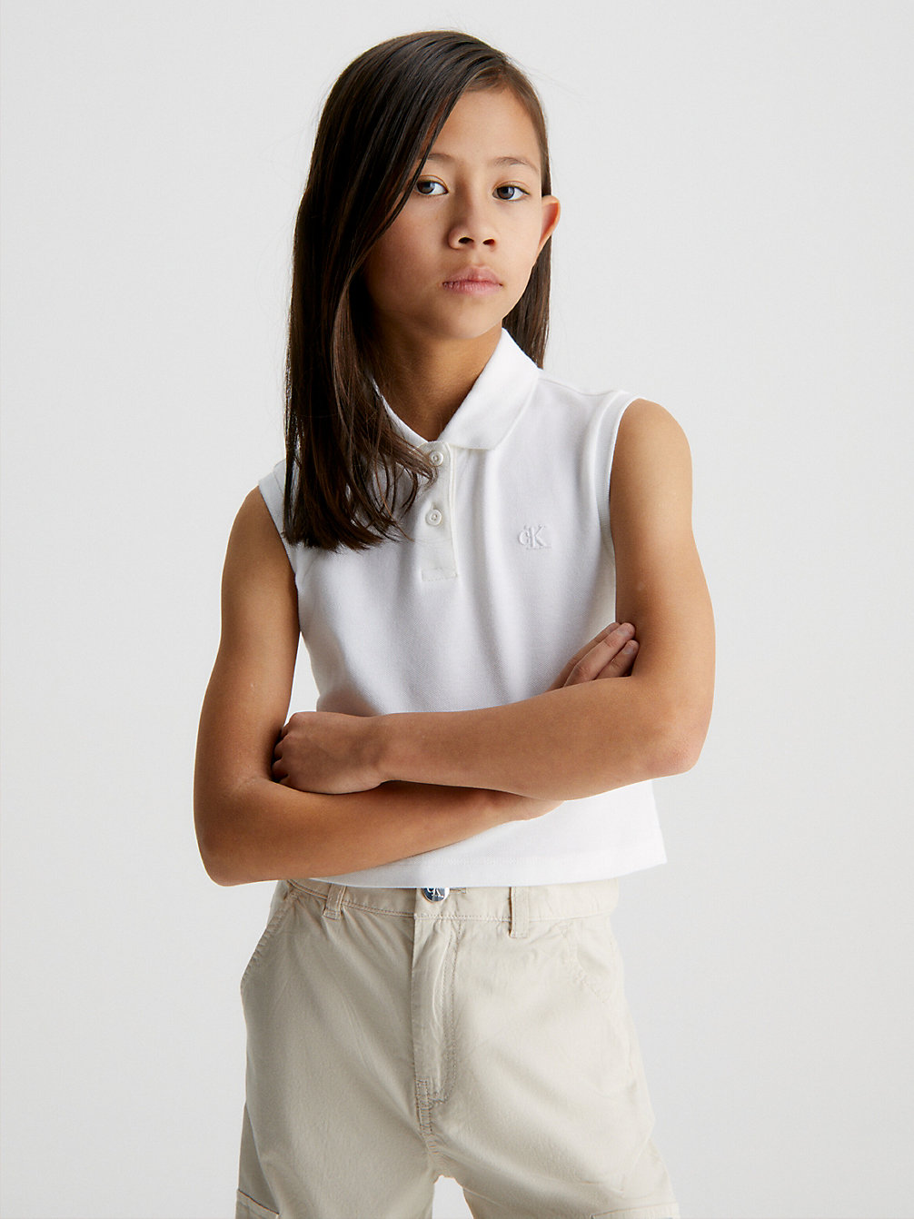 BRIGHT WHITE Pique Sleeveless Polo Shirt undefined girls Calvin Klein